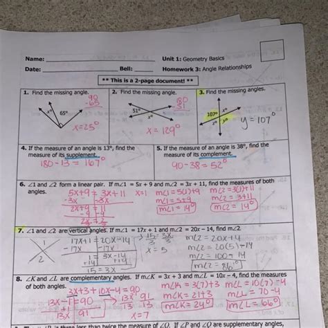 Angle relationships worksheet 8th grade image